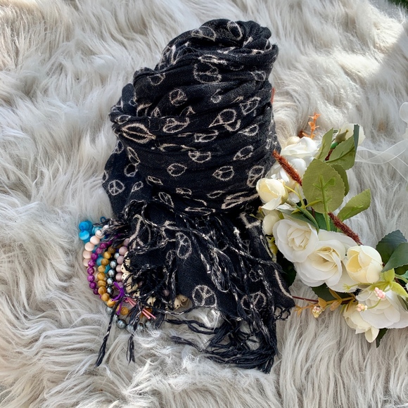 Gauzy, Black Boho Peace Symbol Scarf - Picture 3 of 7